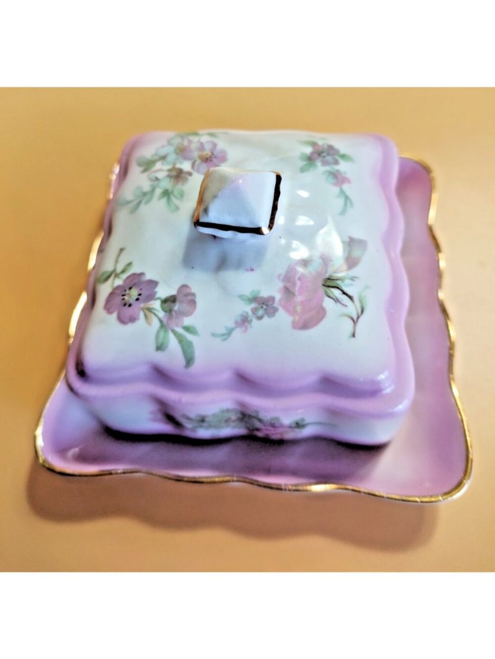 Vintage Old Foley James Kent England Butter Dish Pink with Florals 1950's